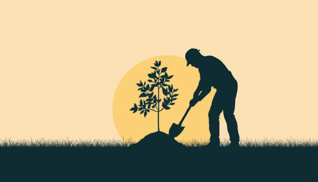 Man Planting Tree with Shovel Silhouette Vector