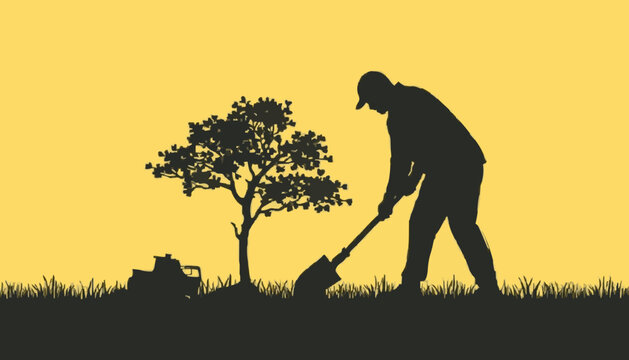 Man Planting Tree with Shovel Silhouette Vector