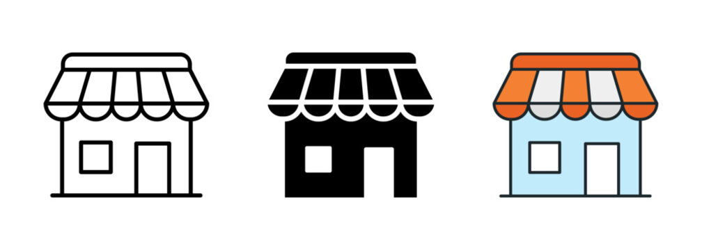 Storefront shop icon with awning building. Vector symbol