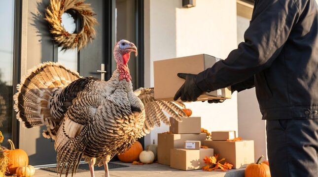 Turkey receiving a delivery box at a front door decorated for autumn for home delivery concepts