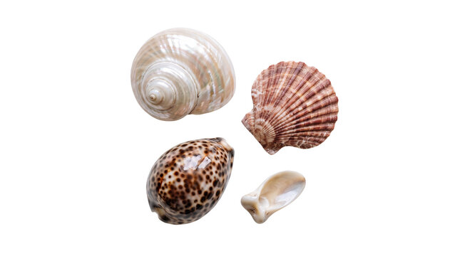 Seashell collection various shapes and textures on transparent background