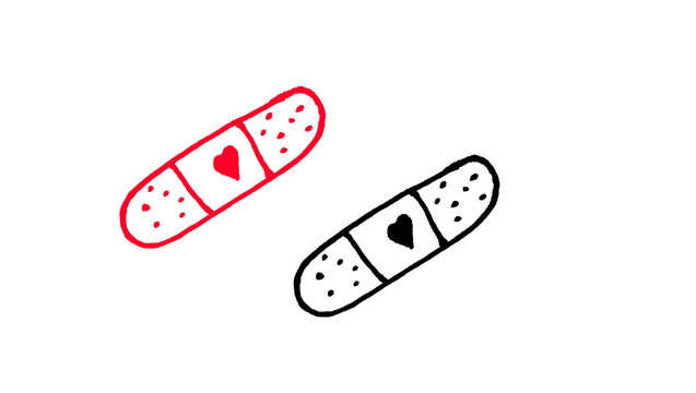 Adhesive bandage plaster with heart pattern hand drawn doodle icon, red outline line art illustration isolated on white background, simple minimalist sketch style adhesive bandage plaster with heart p