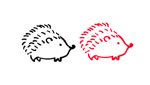 Two spiky hedgehogs facing each other hand drawn doodle icon, black and red line art illustration isolated on white background, simple minimalist sketch style two spiky hedgehogs facing each other vec
