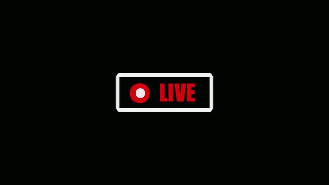 Live streaming indicator with red blinking circle and text isolated on a black background overlay