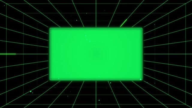 Green screen rectangle inside digital cyber grid tunnel moving forward loop video background motion graphics