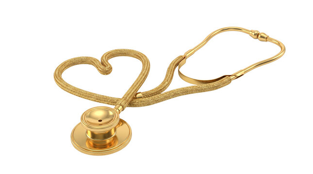 Golden medical stethoscope shaped like heart on transparent background