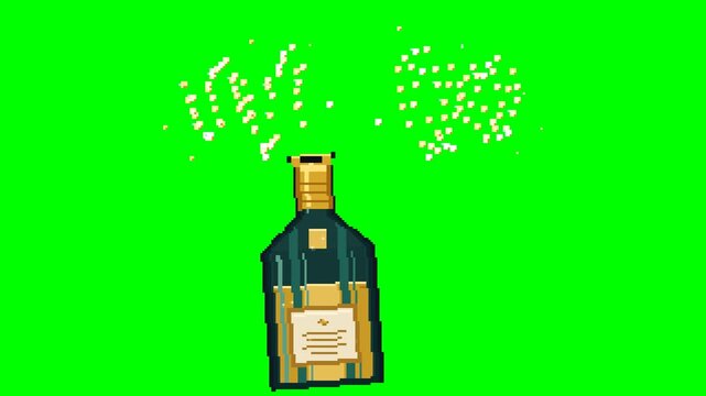 Premium modern pixel art champagne bottle animation where the cork pops open and sparkling champagne bubbles rise from the bottle before gathering into a glowing 00:00 New Year countdown. 
