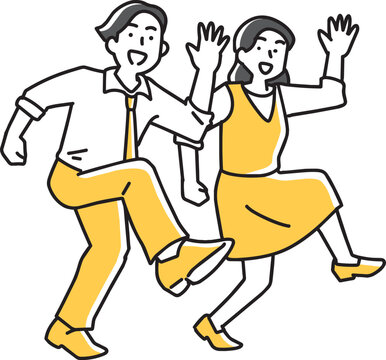 手を上げてご陽気に挨拶する男女社員