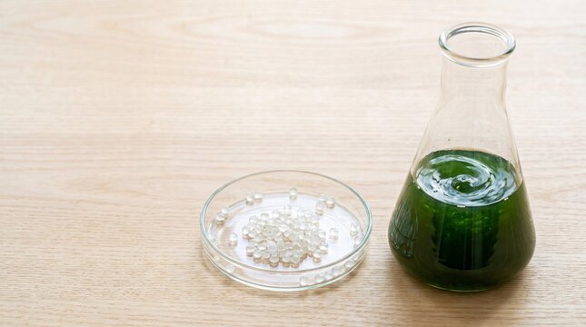 Erlenmeyer flask containing green microalgae culture beside biodegradable bioplastic polymer pellets on wooden table