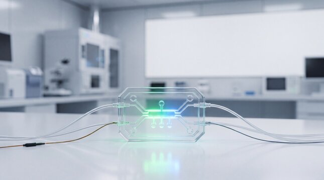 Transparent microfluidic lab on a chip cartridge with fluidic microchannels and tubing in sterile laboratory