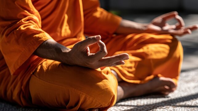 Buddhist monks meditating in orange robes with mindfulness hand gesture