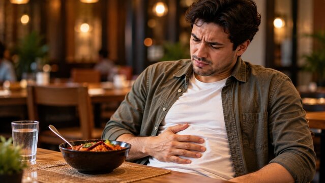 Young man experiencing stomach ache while sitting at restaurant table with bowl of spicy curry and water.
