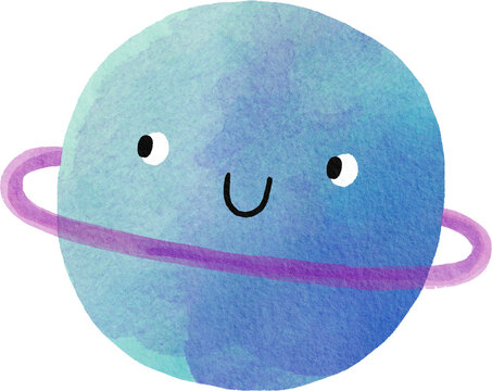 Cute cartoon hand drawn watercolor planet in Space. Playful doodle style. Universe, stars, planet illustration