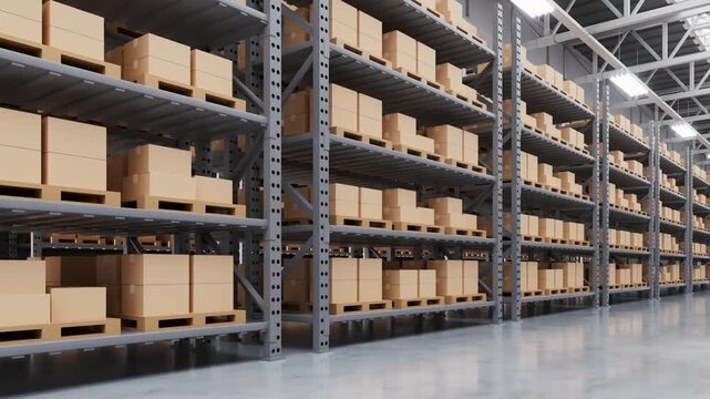 Store shelves with boxes goods in the warehouse, 3d rendering.