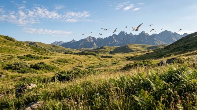 A flock of prehistoric flying reptiles soar above a lush green mountain valley, blending a classic dinosaur theme with a realistic scenic landscape, underscoring the pterodactyl