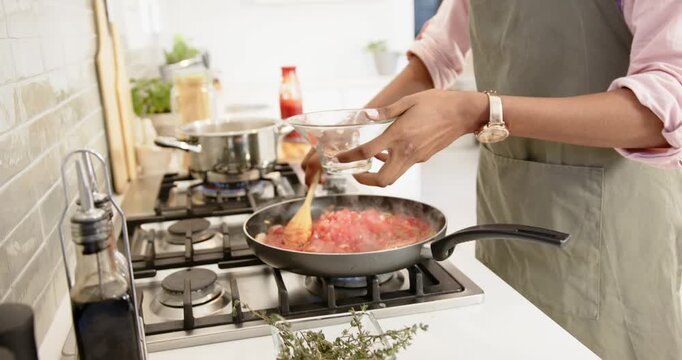 Lifestyle videos indoor of people doing activities at home, cooking on stove, person stirring vegeta