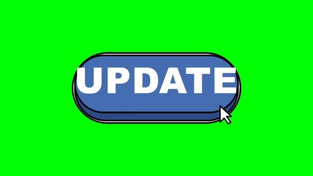 Blue update button with white text and computer mouse cursor click on green screen