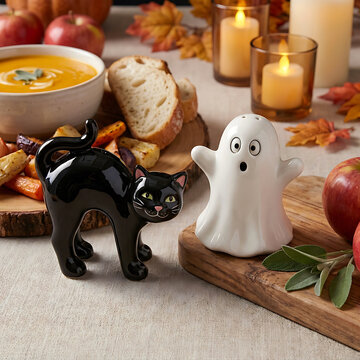 Spooky black cat and ghost shakers on autumn feast table
