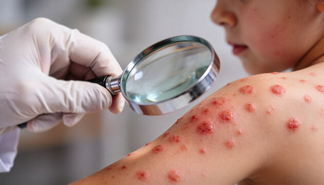 Gloved hand examining skin rash on childs arm with magnifying glass. Close-up of blistering lesions on shoulder. Dermatology and monkeypox, chickenpox diagnosis concept.