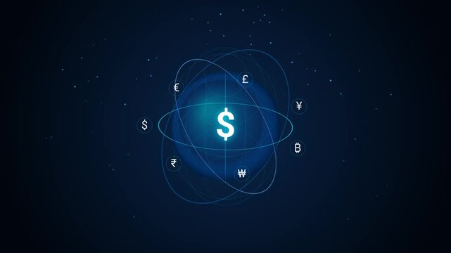 Digital currency symbols orbiting central dollar sign illustration design