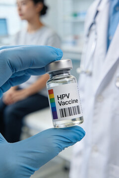 Doctor in gloves holding HPV vaccine vial with patient sitting in blurred clinic background. Close-up of medicine bottle with rainbow label. Human papillomavirus immunization.
