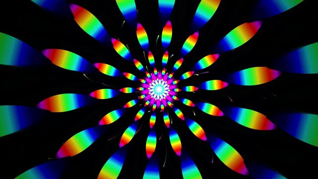 Vibrant rainbow abstract flower kaleidoscope glowing pattern motion background animation loop video