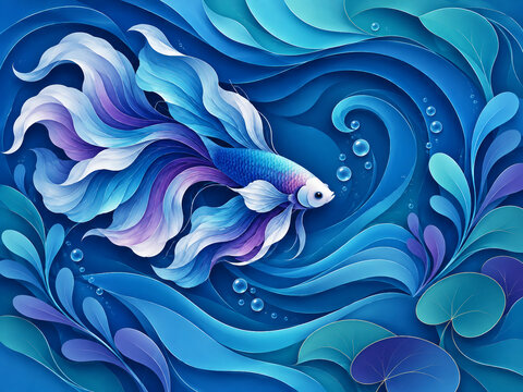 Flowing ornamental betta fish swimming through layered deep blue paper-cut waves and aquatic plants.