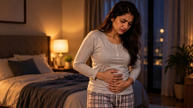Young woman holding stomach in pain wearing gray sleepwear at night for health and wellness medical concept.