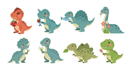 Eight diverse cartoonstyle dinosaurs arranged in two rows against a white background © Shalahuddin
