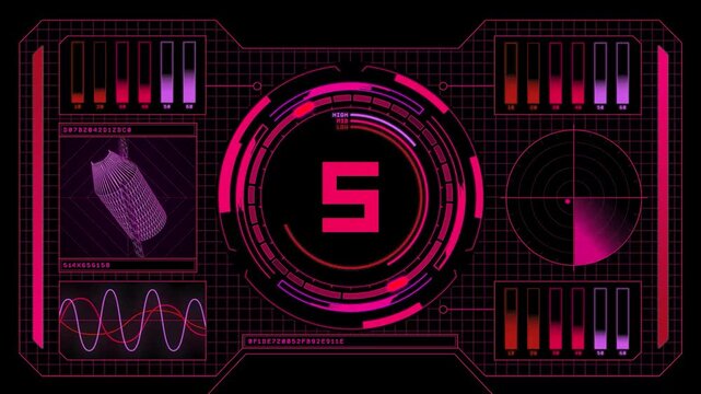 Futuristic HUD Countdown Timer 10 to 0 with Pink Neon Digital Display and Cyberpunk Control Panel