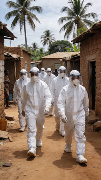 Healthcare workers wearing protective suits walking in an African village. Medical team responding to Ebola virus epidemic. Public health emergency, disease prevention and crisis management.