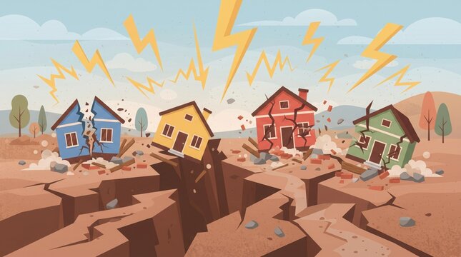 Cartoon illustration of a powerful earthquake destroying houses and causing deep ground fissures