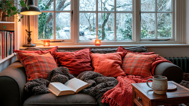 Cozy winter living room with red cushions, knitted blankets, open book and warm drink by a large window overlooking a snowy landscape