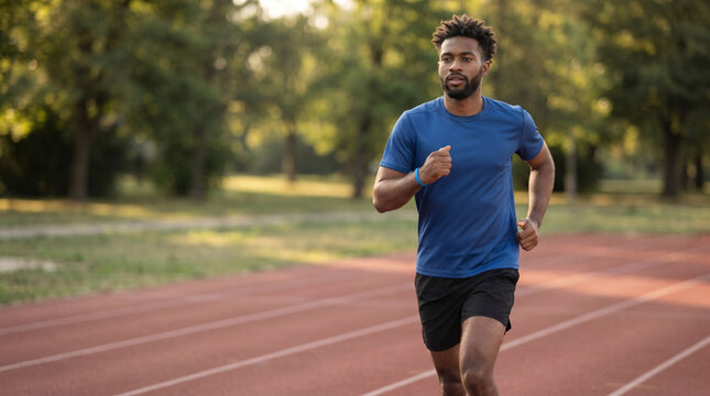 Male athlete wearing blue wristband for health awareness, generous copy space, Blue November: prostate cancer awareness and prevention