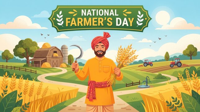 National farmers day illustration with a happy indian farmer holding a sickle and wheat stalks in a rural field