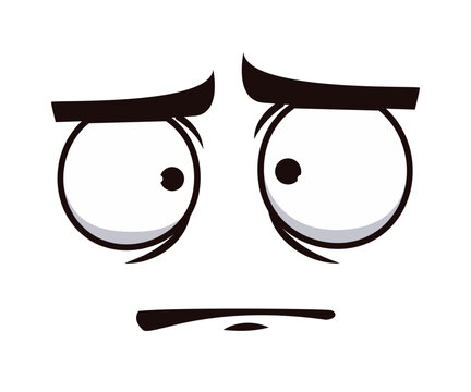 Funny cartoon face showing bored and indifferent emotion. Comic emoji character with large droopy eyes, heavy brows and tight straight mouth. Groovy personage face for reaction stickers