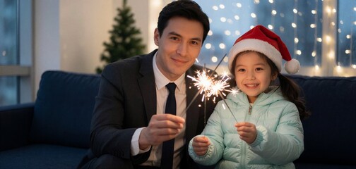 Obraz premium Father and daughter holding Christmas sparklers together on a couch, creating a festive and joyful holiday moment with sparkling lights.