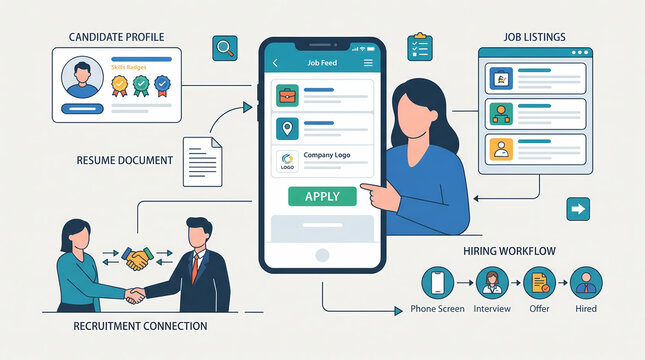 Online Recruitment and Candidate Profile Management Mobile App Illustration