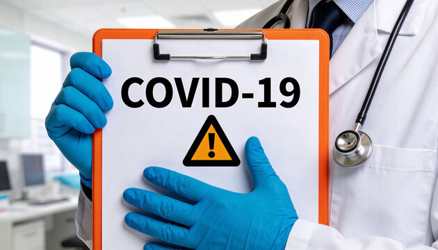 Doctor in white coat holding clipboard with COVID-19 warning sign. Medical worker with stethoscope and blue gloves in hospital. Coronavirus pandemic alert. Health risk and disease outbreak