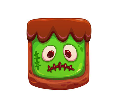 Cartoon scary Halloween sweet cookie with zombie face, stitched mouth, glassy eyes and chocolate frosting and green icing. Vector candy for seasonal party, cute scary monster face spooky pastry treat