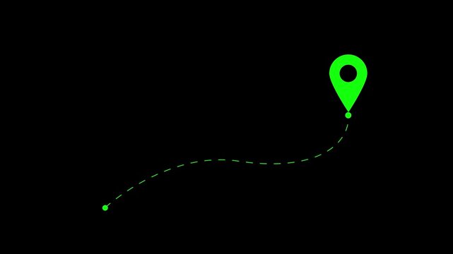 Map route icon with location pins, dotted travel path symbol, navigation journey graphic element.4k motion graphics video animation on a black background. Two location a pin icon loading animation