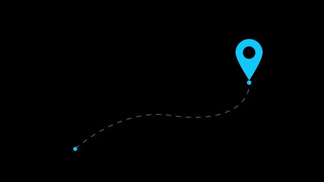 Map route icon with location pins, dotted travel path symbol, navigation journey graphic element.4k motion graphics video animation on a black background. Two location a pin icon loading animation