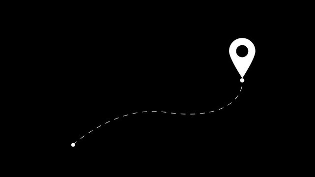 Map route icon with location pins, dotted travel path symbol, navigation journey graphic element.4k motion graphics video animation on a black background. Two location a pin icon loading animation