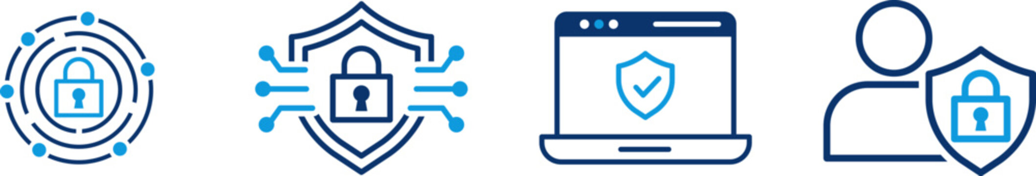 Digital Security and Cybersecurity Protection Icons Set with Padlock, Shield, Secure Network, Data Privacy and Online Security Symbols