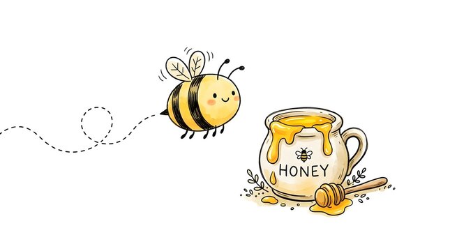 A cute hand drawn watercolor illustration featuring a happy little bumblebee flying towards a ceramic jar filled with sweet golden honey and wooden dipper