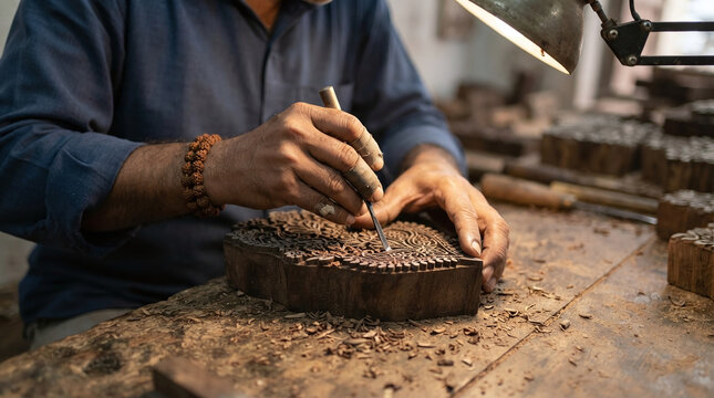 Artisan hands carving intricate floral pattern on teak woodblock for textile print