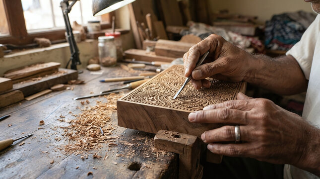 Artisan hands carving intricate floral pattern on teak woodblock for textile print