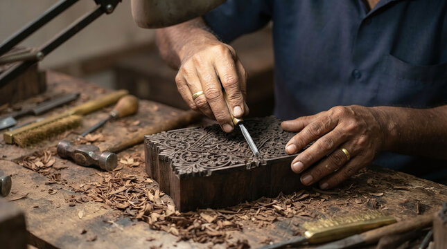 Artisan hands carving intricate floral pattern on teak woodblock for textile print