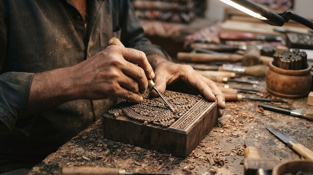 Artisan hands carving intricate floral pattern on teak woodblock for textile print