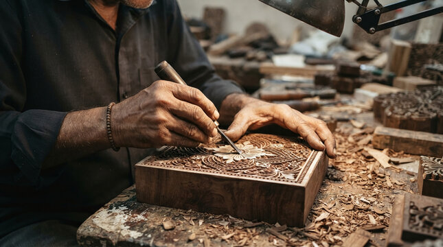 Artisan hands carving intricate floral pattern on teak woodblock for textile print